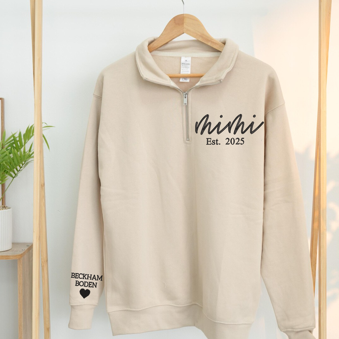 Mimi est Sweatshirt, Grandma And Grandkids Embroidered Quarter Zip Sweater