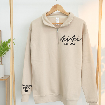 Mimi est Sweatshirt, Grandma And Grandkids Embroidered Quarter Zip Sweater
