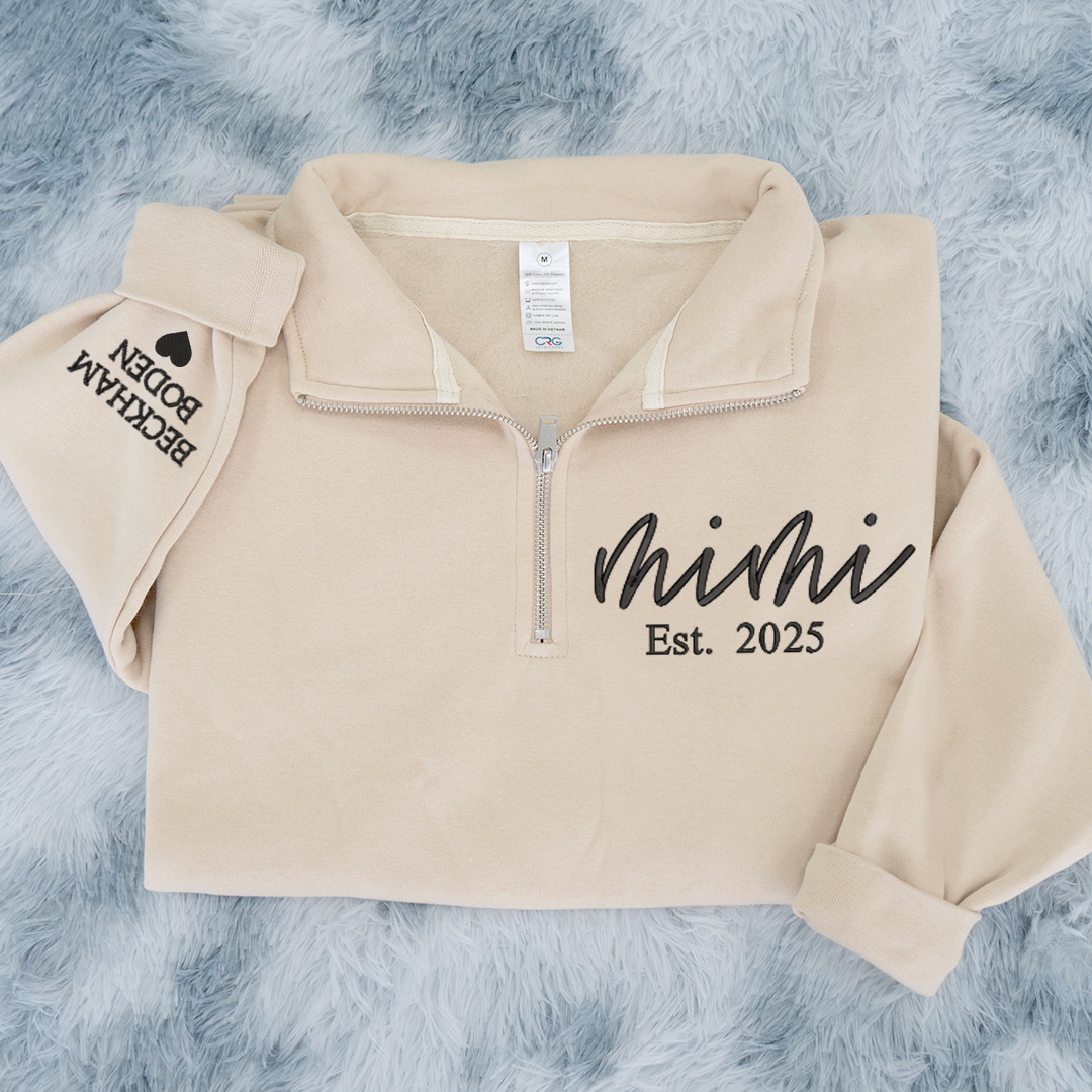 Mimi est Sweatshirt, Grandma And Grandkids Embroidered Quarter Zip Sweater