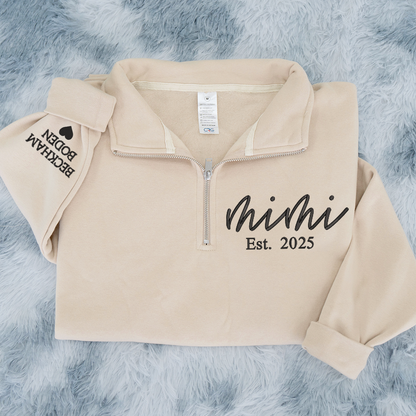 Mimi est Sweatshirt, Grandma And Grandkids Embroidered Quarter Zip Sweater