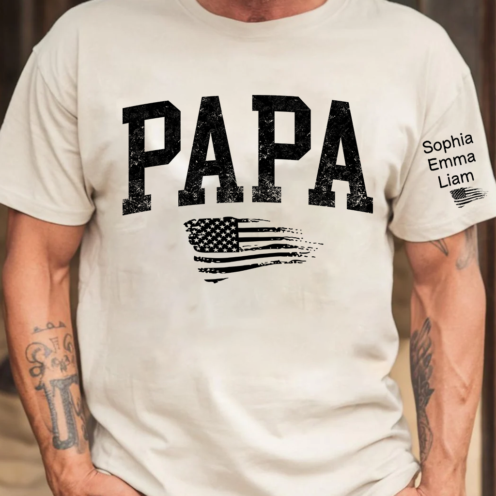 Personalized Papa Shirt with Grandkids Names, Patriotic Flag Custom Sleeve Tee, Fathers Day Birthday Gift for Grandpa
