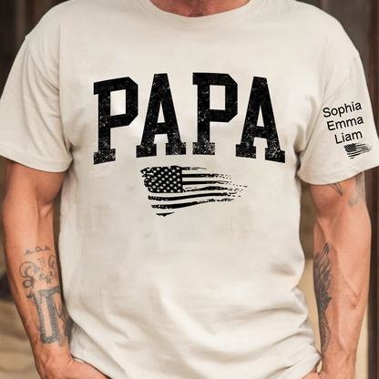 Personalized Papa Shirt with Grandkids Names, Patriotic Flag Custom Sleeve Tee, Fathers Day Birthday Gift for Grandpa