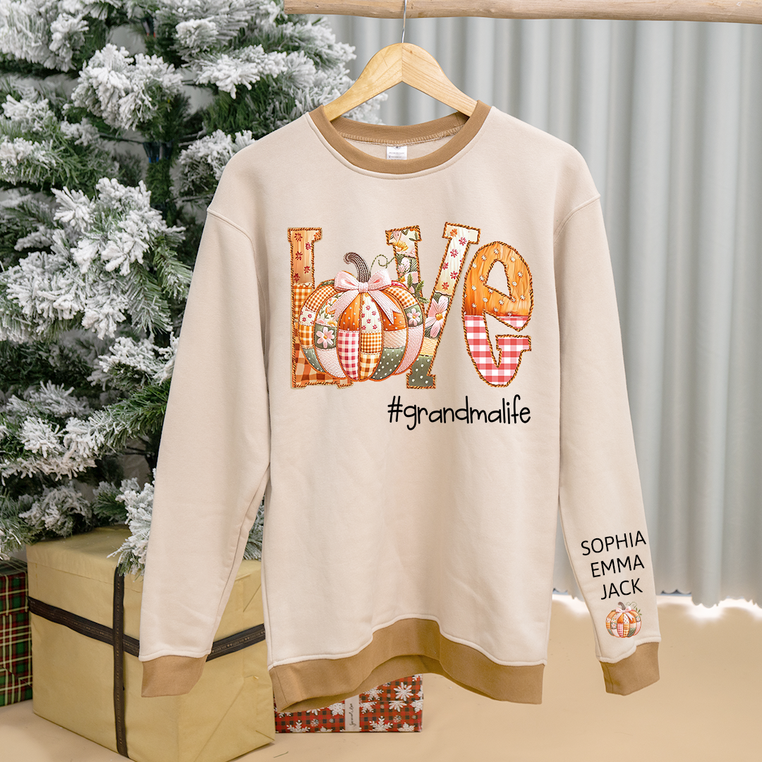 Personalized Love Grandmalife Pumpkin Patchwork Fall with Grandkids Names, Holiday Design, Cozy Family Gift for Grandma Sweatshirt Mix