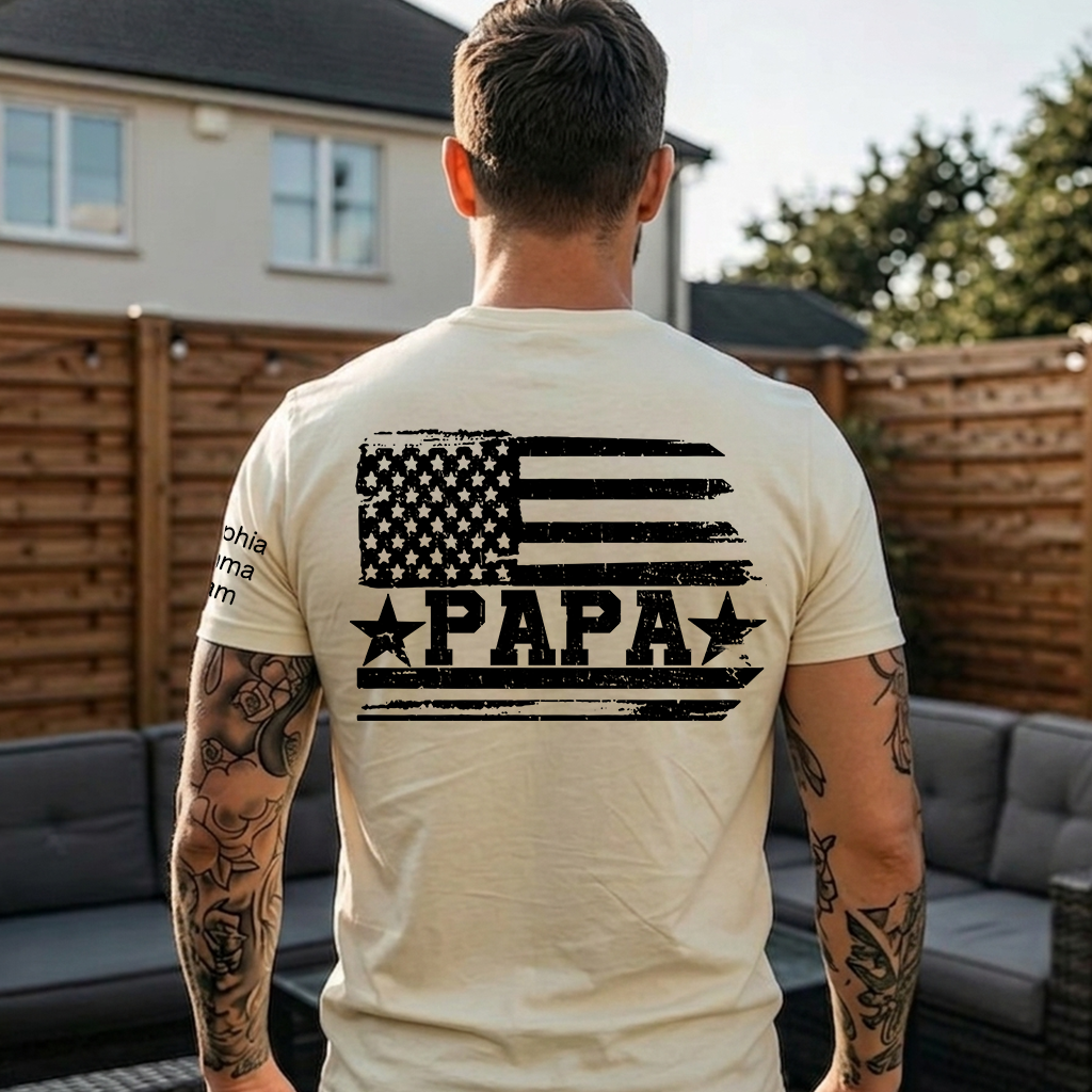 Personalized Papa T-Shirt with Custom Kids Names Option, American Flag Patriotic Design for Dad, Fathers Day Birthday Gift, Family Celebration Shirt