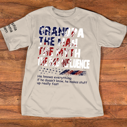 Personalized Papa The Man The Myth The Bad Influence Shirt, Custom Nickname Patriotic USA Flag Tee for Dad Grandpa Poppy, 4th of July Family Shirt Gift