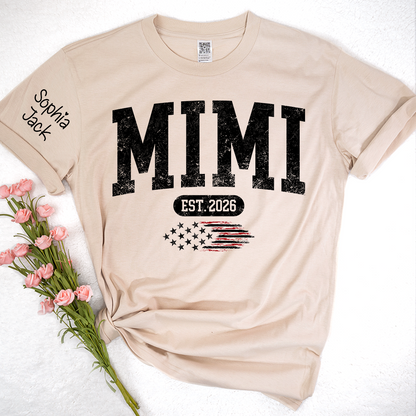 Personalized Mimi EST American Flag T-Shirt – Custom Mimi, Gigi, Nana Shirts, Patriotic Gift for Grandparents, Perfect for Mother’s Day and Birthdays