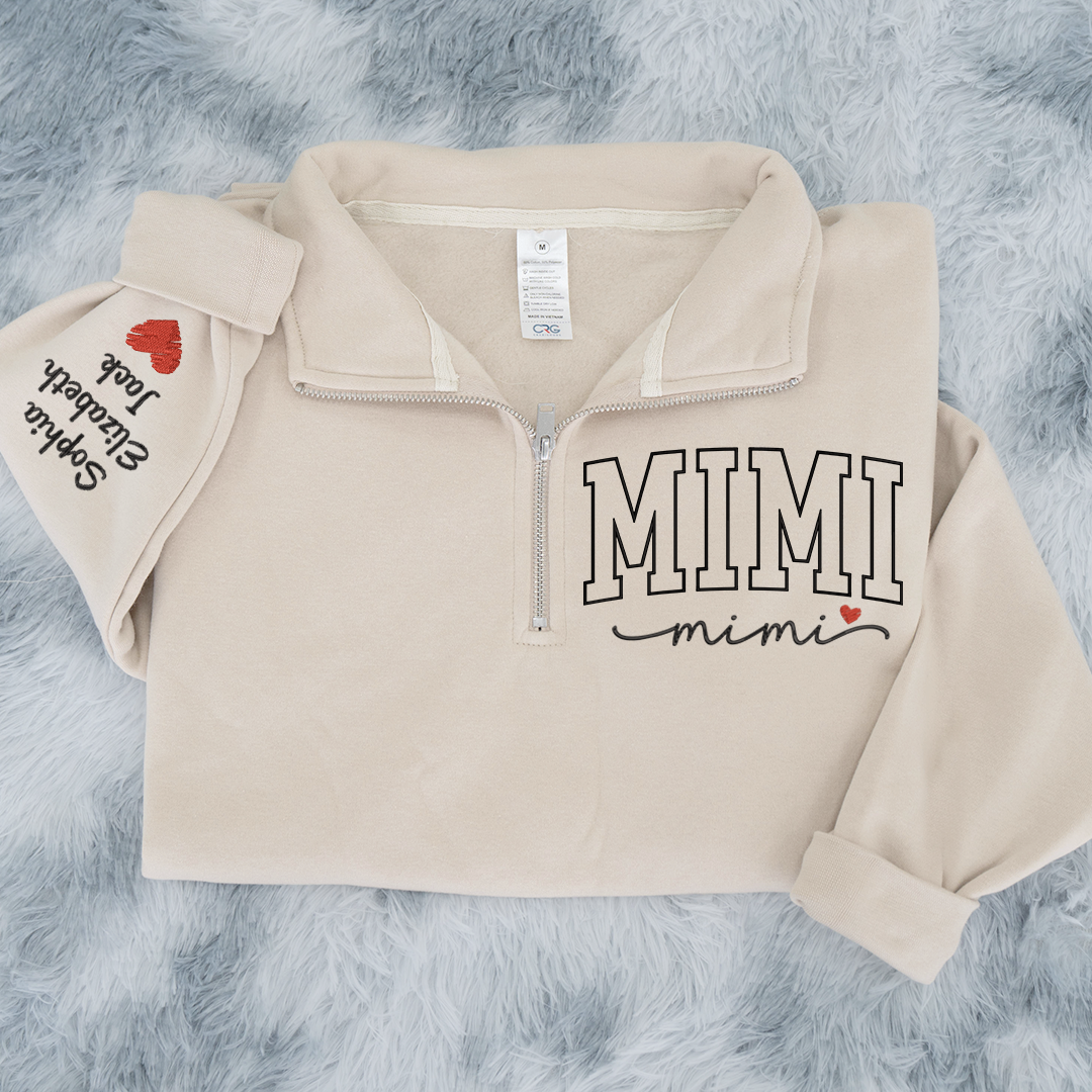 Personalized Mimi Sweatshirt, Mimi Heart And Grandkids Embroidered Quarter Zip Sweater