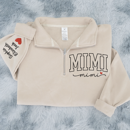 Personalized Mimi Sweatshirt, Mimi Heart And Grandkids Embroidered Quarter Zip Sweater
