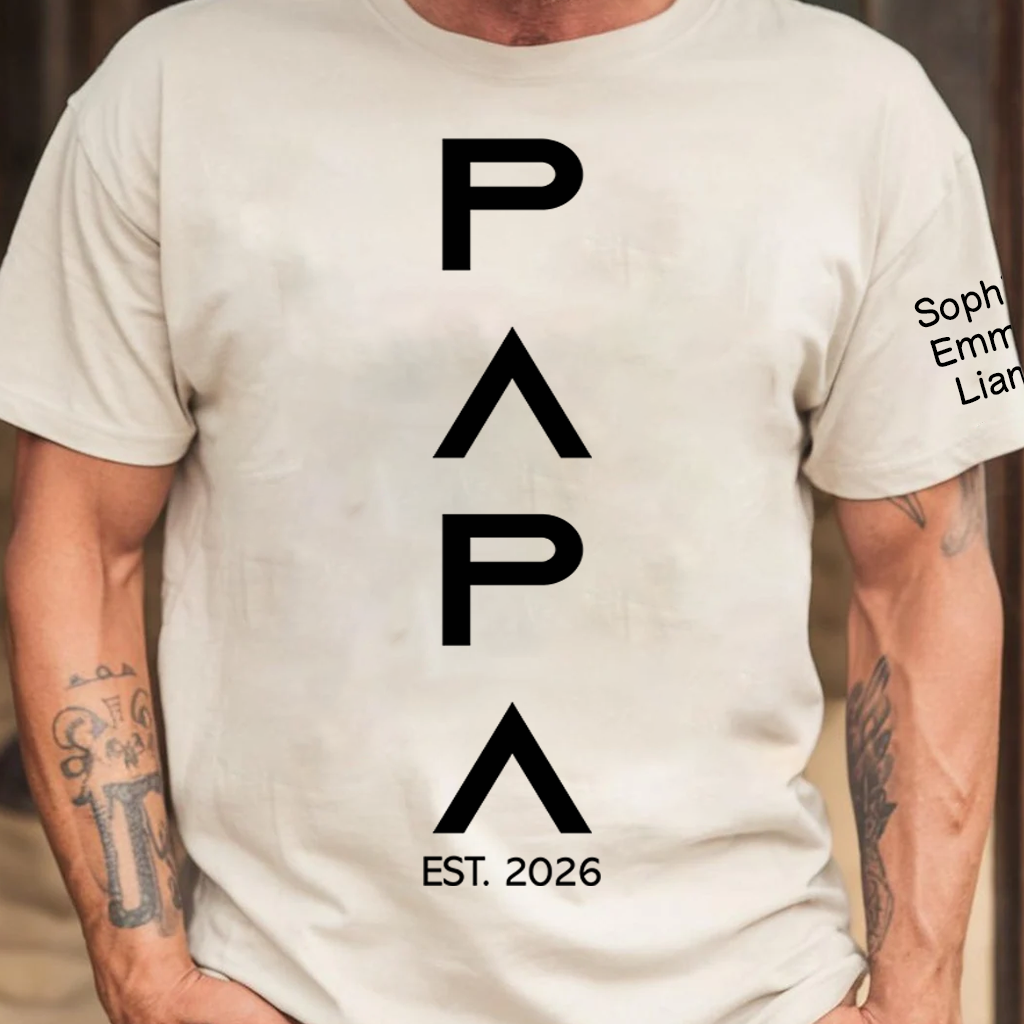 Personalized Papa Shirt with Kids Names on Sleeve, Minimalist Vertical Papa Design Tee, Custom Grandpa Family T Shirt, Gift for Father Day Birthday