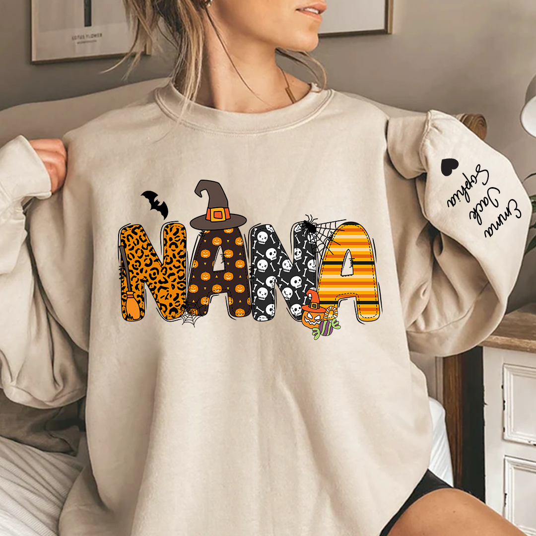 Personalized Halloween Nana Pumpkin Doodle Letters Design And Grandkids Sweatshirt