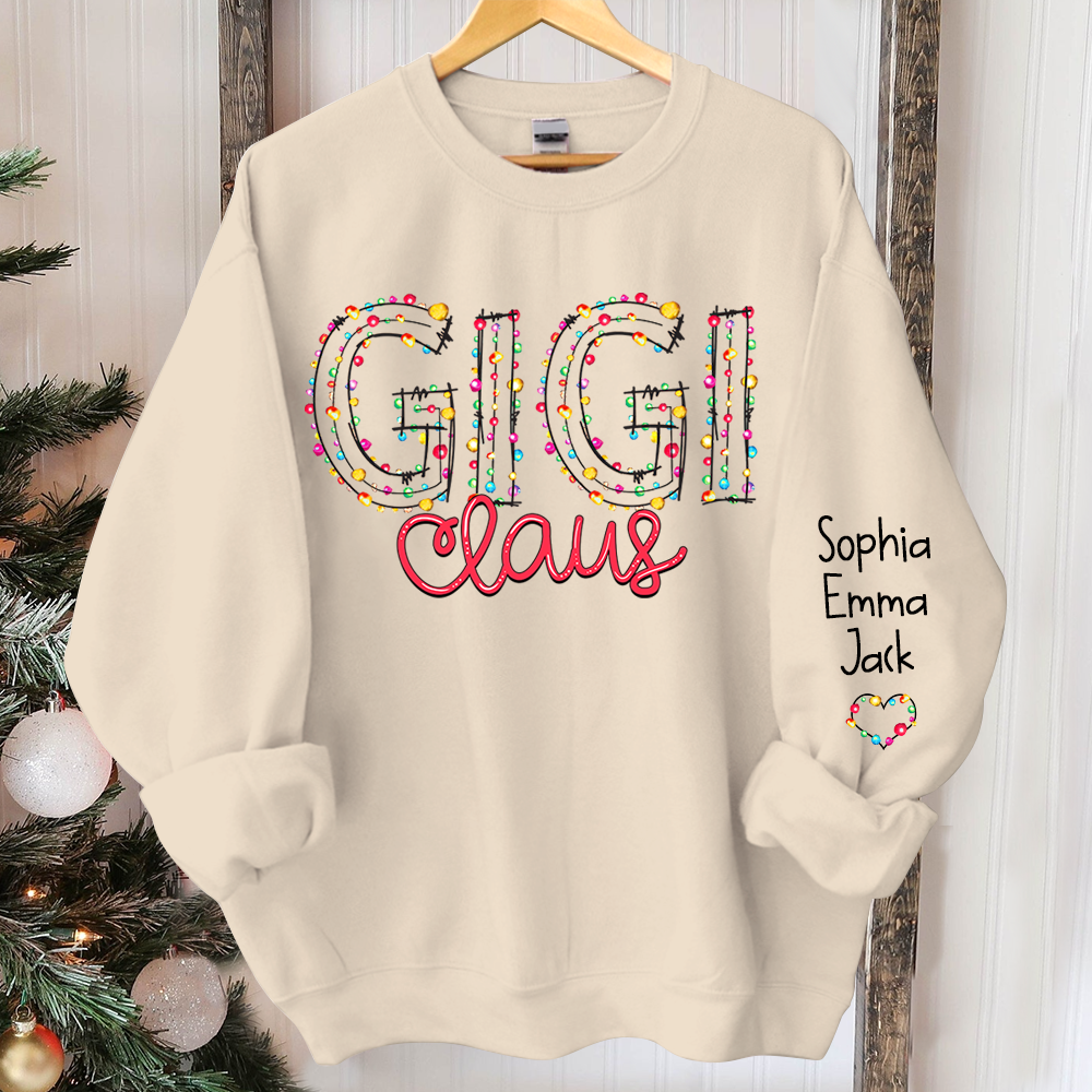 Personalized Gigi Claus Christmas lights And Grandkids Christmas Merry Sweatshirt