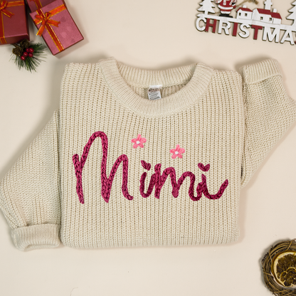 Hands Embroidery Women's Flower Block Short Sweater, Hand Embroidered Custom Name Sweater ,Oversized Sweater, Embroidered Name Sweater
