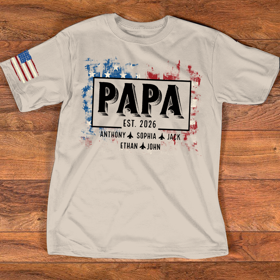 Personalized Papa EST Shirt Custom Kids Names Patriotic American Flag Design, First Time Dad Gift for Grandpa Father Birthday Fathers Day