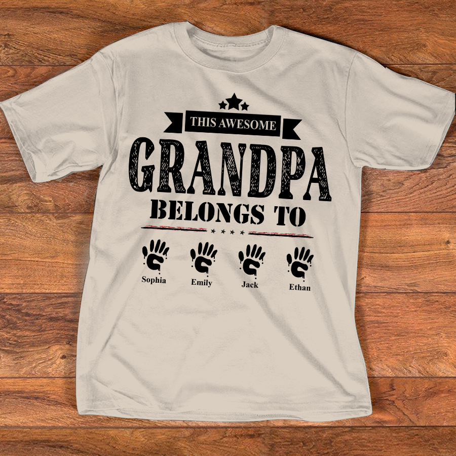 This Awesome Grandpa Belongs to Kids Shirt, Personalized Papa Tee with Kids Names, Patriotic Dad Shirt, Custom Grandpa Gift, 4th of July Family Shirt