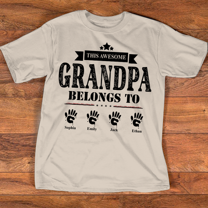 This Awesome Grandpa Belongs to Kids Shirt, Personalized Papa Tee with Kids Names, Patriotic Dad Shirt, Custom Grandpa Gift, 4th of July Family Shirt