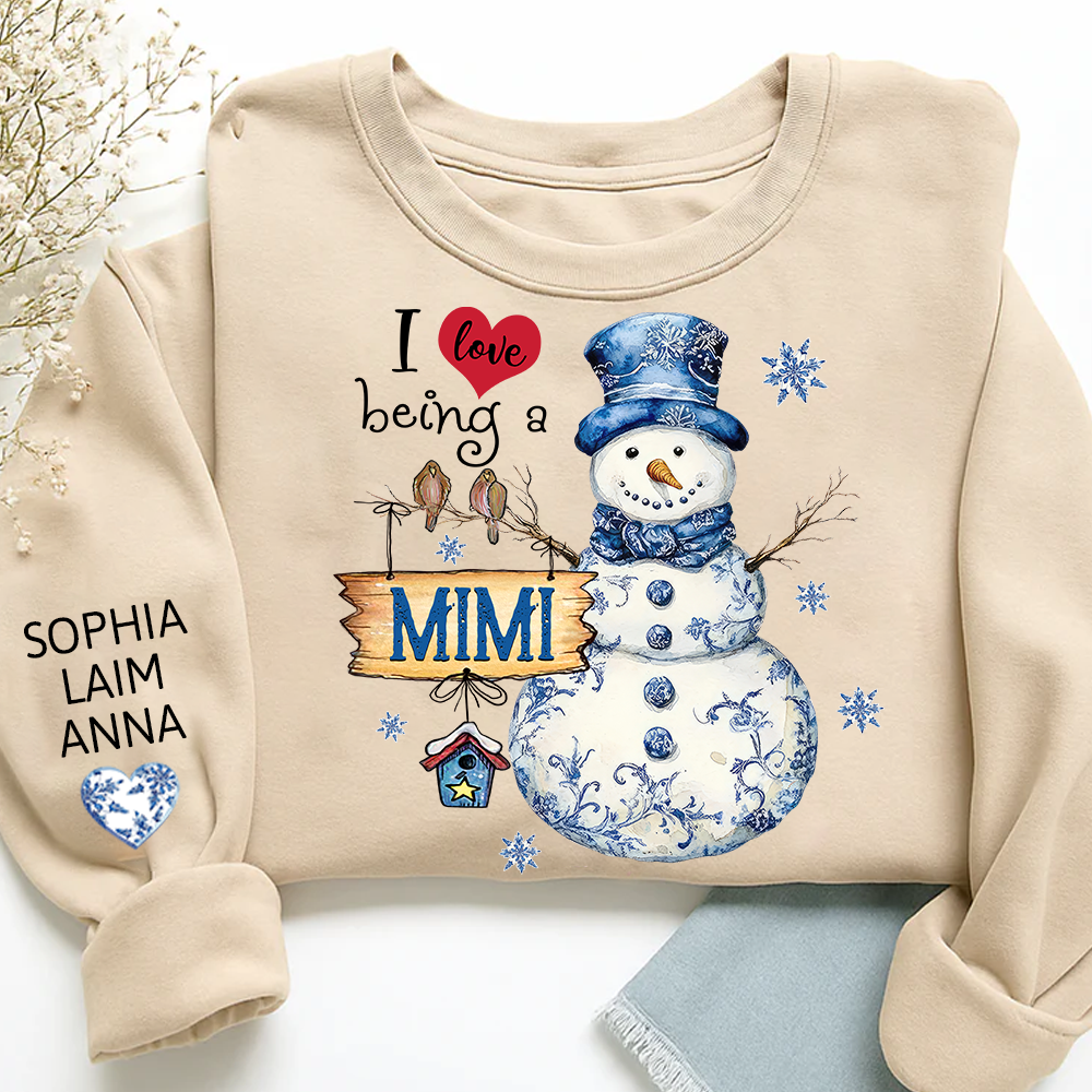 Personalized I Love Being a Mimi Snowman blue toile Sweatshirt and Grandkids Name Winter Design