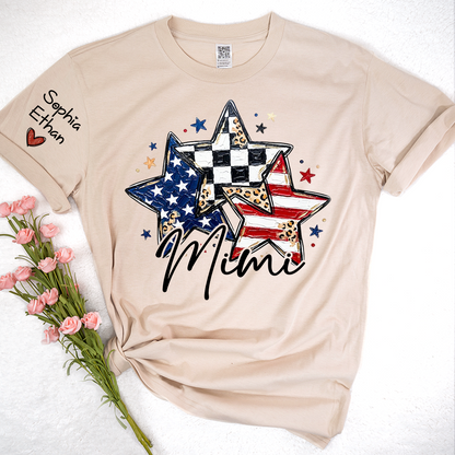 Personalized American Flag Star T-Shirt – Custom Mimi, Gigi, Nana Shirts, Fun Patriotic Gift for Grandparents, Perfect for Mother’s Day, Independence Day, and Birthdays
