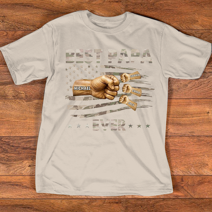 Personalized Best Papa Ever Shirt, Custom Fist Bump Family Names Tee for Papa Grandpa Dad, Patriotic American Flag Fathers Day Shirt