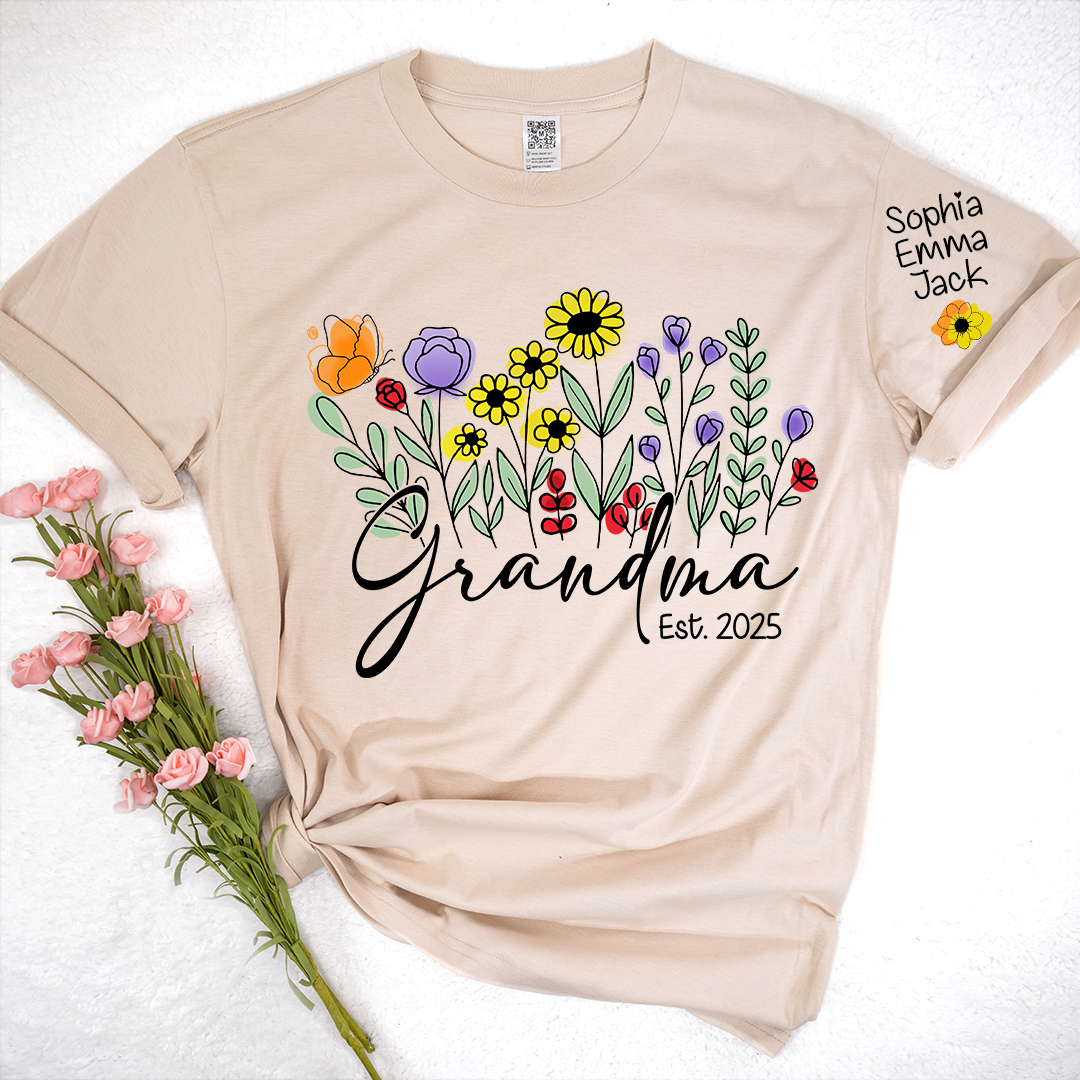 Grandma Est Flower Gift For Family T shirt, Custom Grandma And Kids