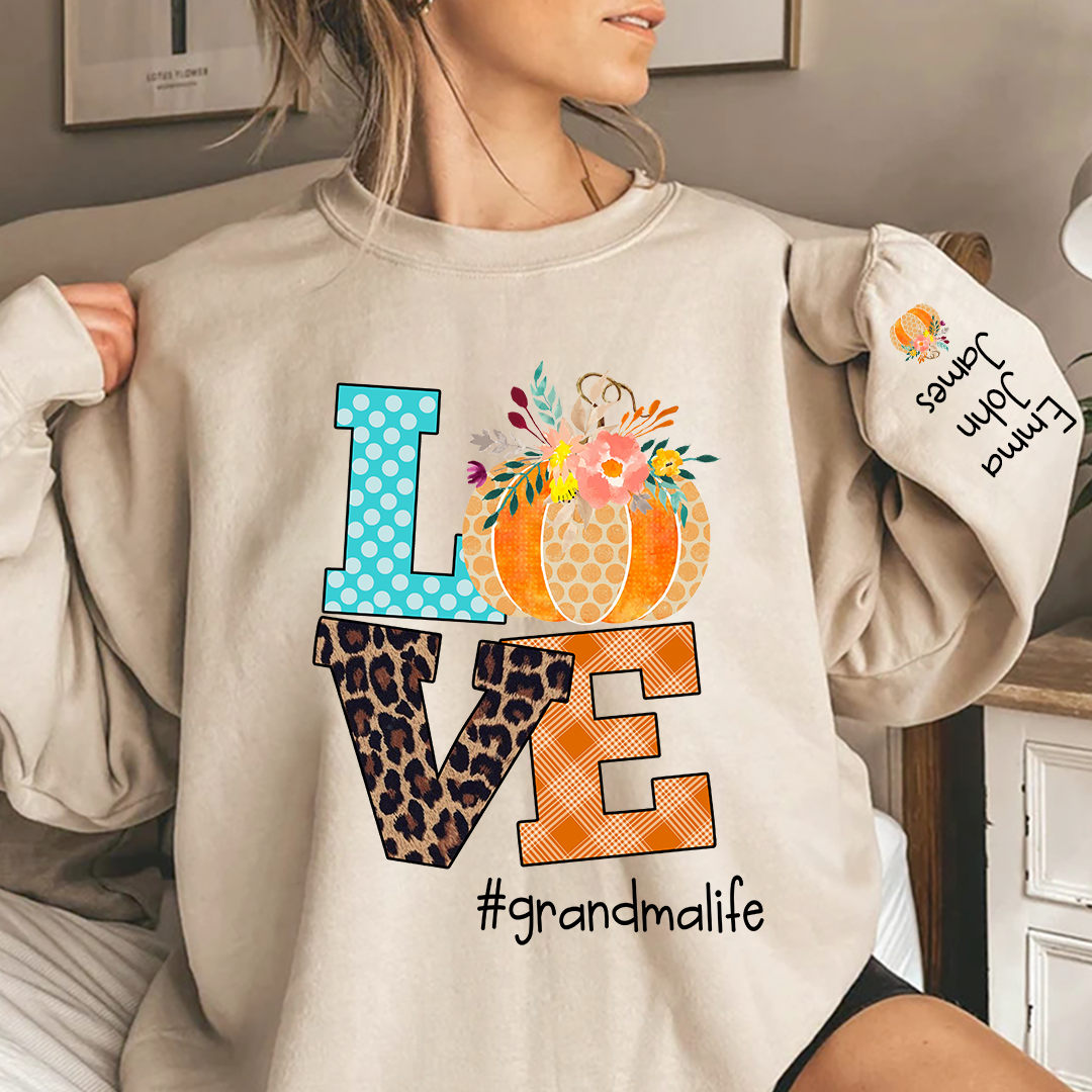 Love grandmalife Pumpkins Autumn And Grandkids Sweatshirt