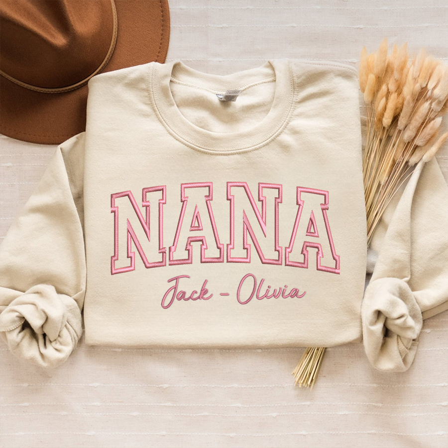 Custom Embroidered Nana With Grandkids Name on Sleeve Sweatshirt, Personalized Grandma Sweatshirt, Mothers Day Gift for Mom Grandma Mimi Nana Gigi Gaga