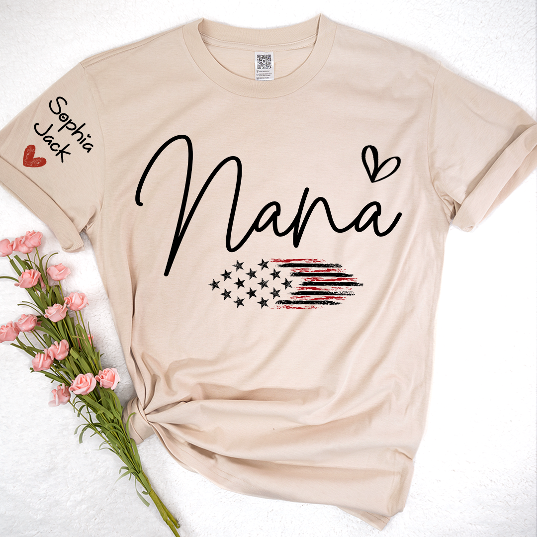 Personalized Nana American Flag T-Shirt, Custom Design with Name, Patriotic Family Shirt for 4th of July, Gifts for Mother's Day, Birthday