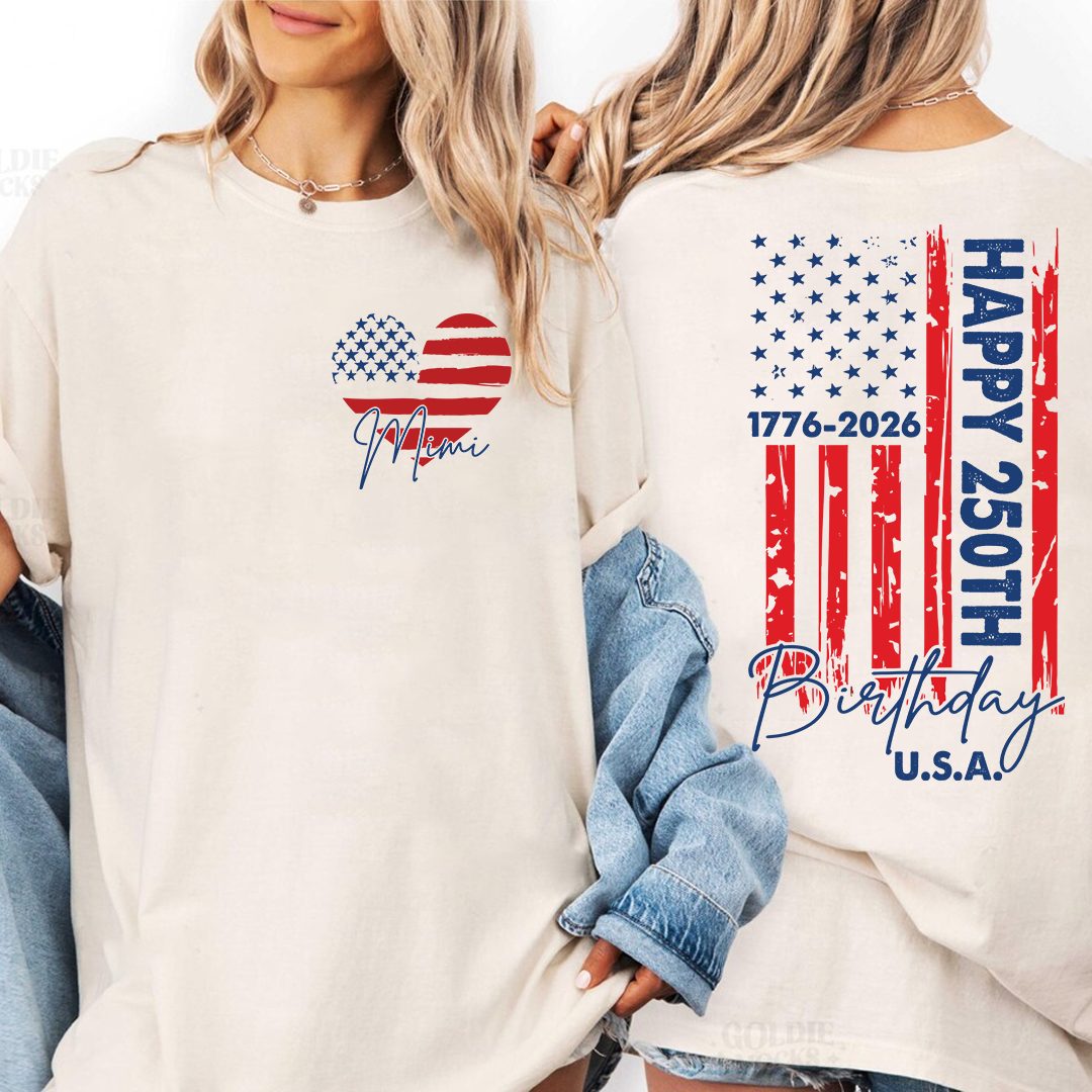 Personalized Mimi Patriotic Heart Flag Shirt, Happy 250th Birthday USA Grandma Shirt for Nana Gigi Mimi, 250 Years of Freedom 4th of July Comfort Colors® Shirt