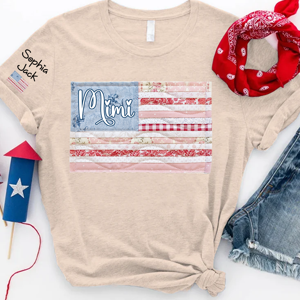 Personalized Mimi Patriotic Patchwork Flag Shirt with Custom Kids Names on Sleeve, Vintage Family Grandma Tee for Women, 4th of July Birthday Shirt