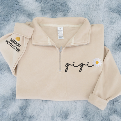Custom Embroidered Gigi daisy flower Sweatshirt And Grandkids Quarter Zip Sweater