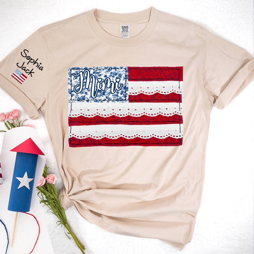 Personalized Mimi Patchwork USA Flag Shirt with Lace Details, Custom Family Name, 4th of July Independence Day T-shirt