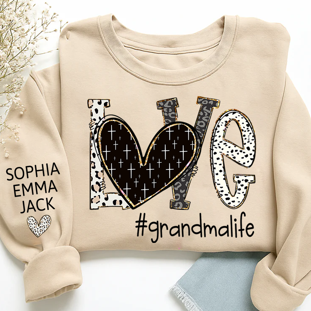 Personalized Love grandmalife Sweatshirt Bible Style Design & Custom Grandkids Names on Sleeve Sweatshirt