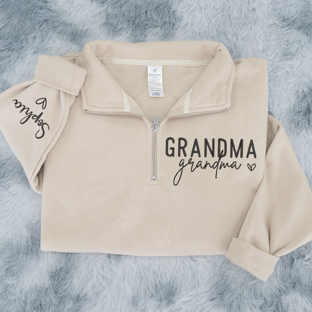 Grandma Heart Sweatshirt, Personalized Grandma And Grandkids Embroidered Quarter Zip Sweater