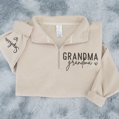 Grandma Heart Sweatshirt, Personalized Grandma And Grandkids Embroidered Quarter Zip Sweater