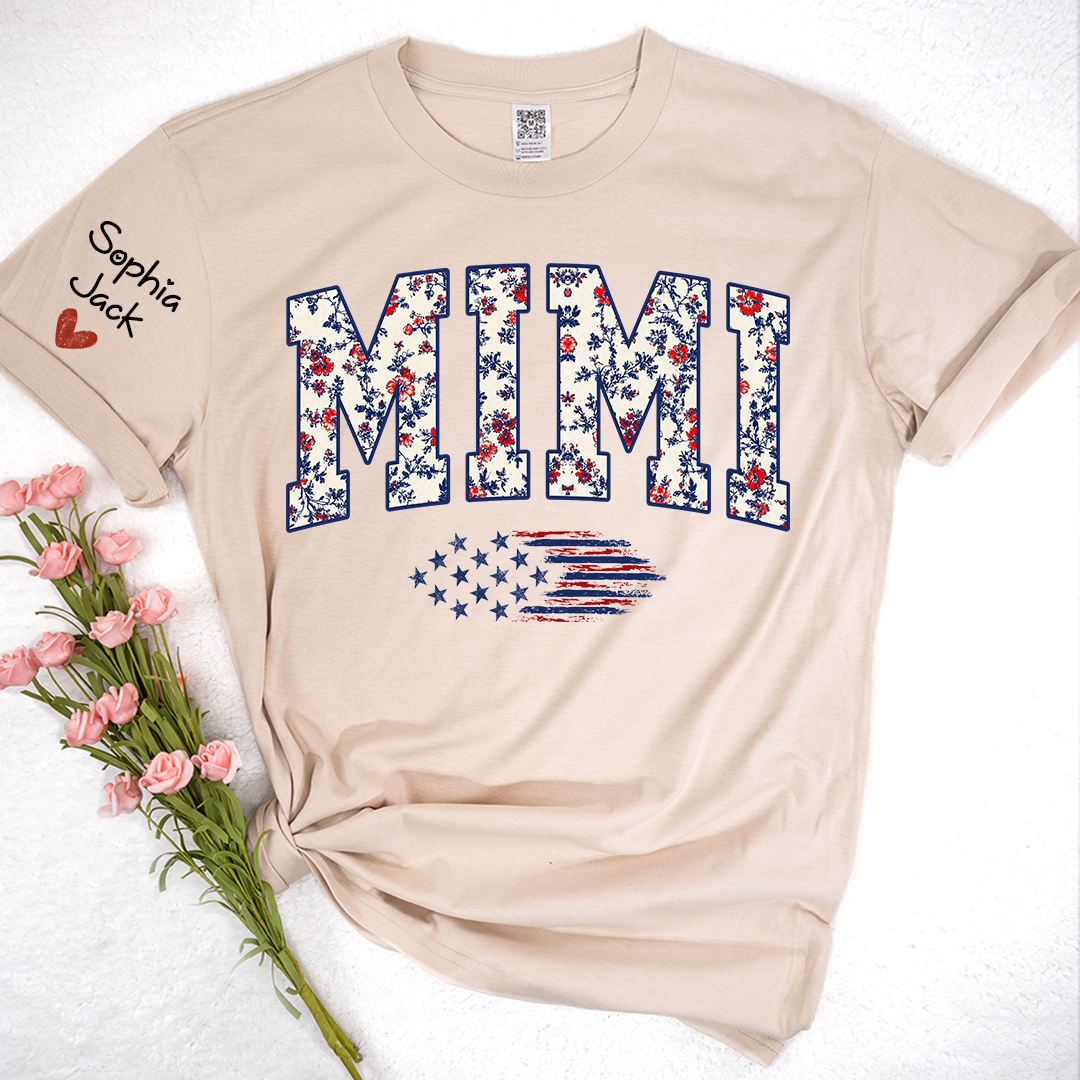Personalized Floral Mimi Flag American T-shirt - Custom Family Nickname Shirt with USA Flag Design for 4th of July, Perfect for Nana, Gigi, Grandma
