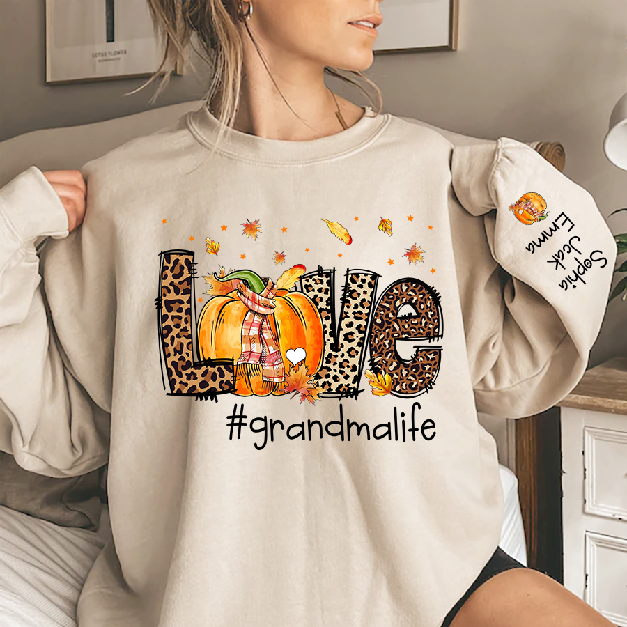 Love Grandma Life Leopard Fall Thanksgiving Halloween Leaves Cute Pumpkin Sweatshirt