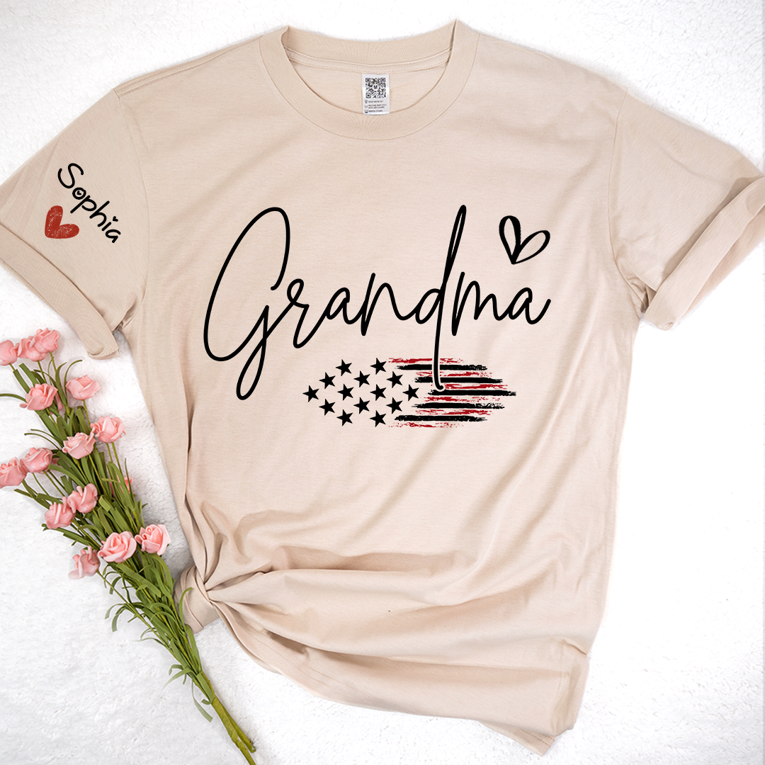 Personalized Grandma American Flag T-Shirt, Custom Design with Name, Patriotic Family Shirt for 4th of July, Gifts for Mother's Day, Birthday