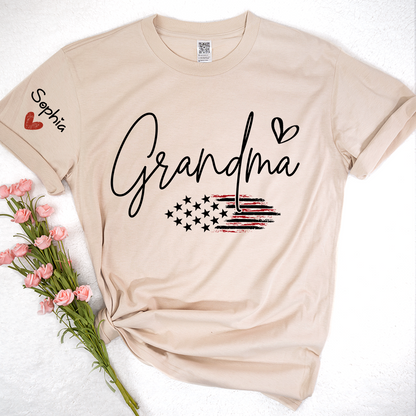 Personalized Grandma American Flag T-Shirt, Custom Design with Name, Patriotic Family Shirt for 4th of July, Gifts for Mother's Day, Birthday