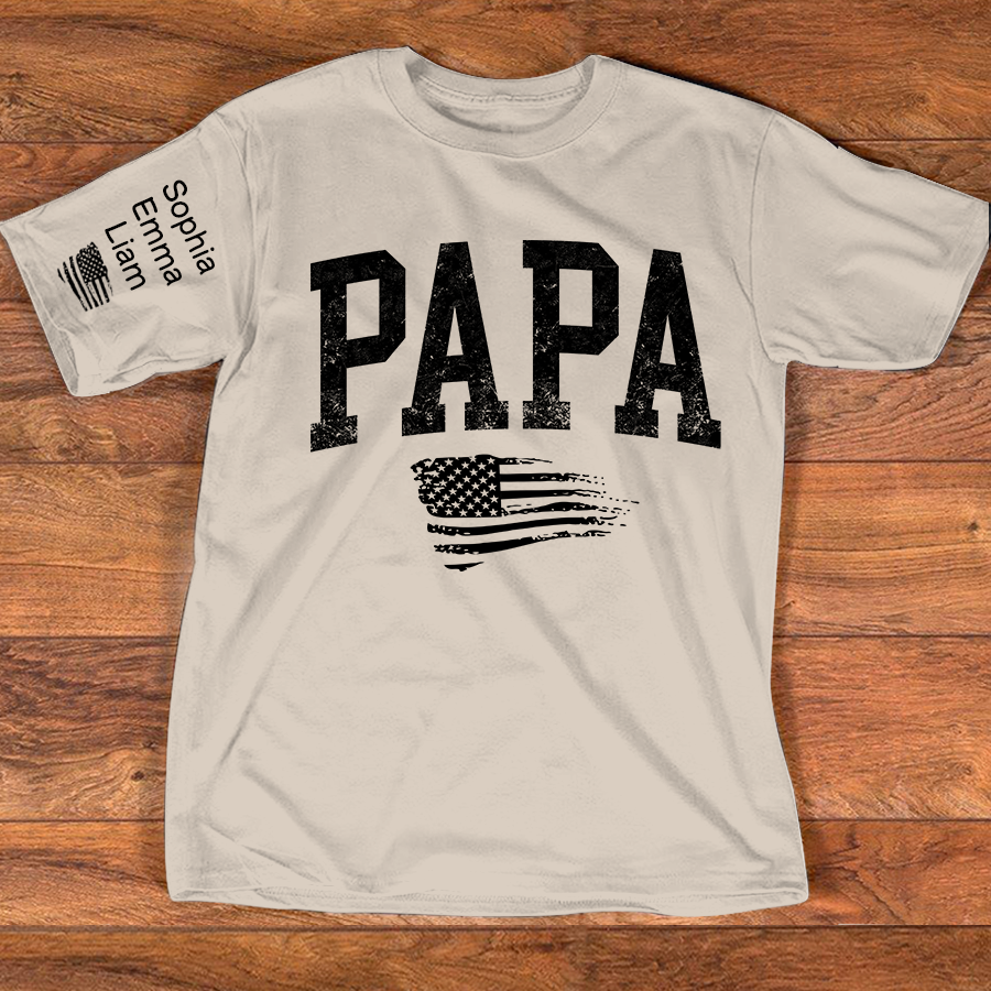 Personalized Papa Shirt with Grandkids Names, Patriotic Flag Custom Sleeve Tee, Fathers Day Birthday Gift for Grandpa