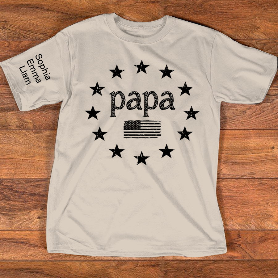 Personalized Papa American Flag Shirt with Kids Names on Sleeve, Custom Grandpa Patriotic Tee for Father’s Day, Gift for Papa Dad Grandfather