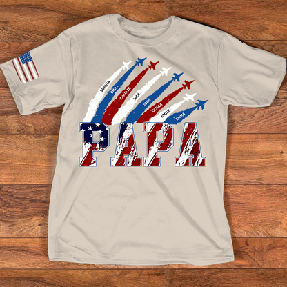 Personalized Papa Airplane Shirt, Custom Kids Names Patriotic T Shirt for Papa, 4th of July American Flag Family Gift