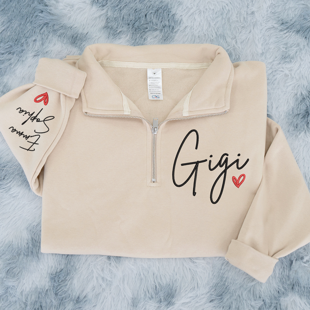 Embroidered Gigi heart Sweatshirt And Grandkids Quarter Zip Sweater