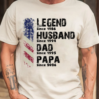 Personalized Legend Husband Dad Papa Shirt Since Year Custom Name Patriotic USA Flag, U.S. 250th Anniversary Family Gift for Men Fathers Day Birthday