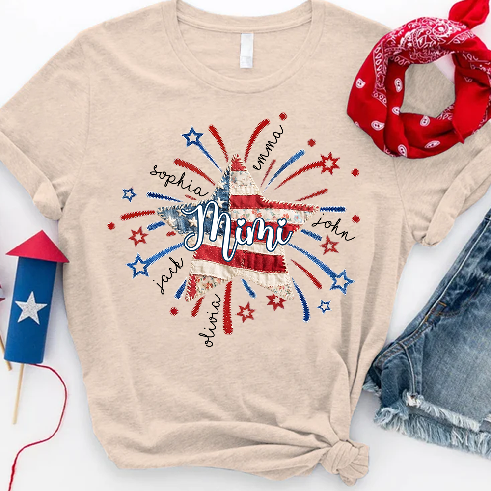 Personalized Mimi Patriotic Patchwork Star Shirt Custom Kids Names, American Flag Fireworks Graphic T Shirt for Grandma Nana Gigi, 4th of July Family Gift