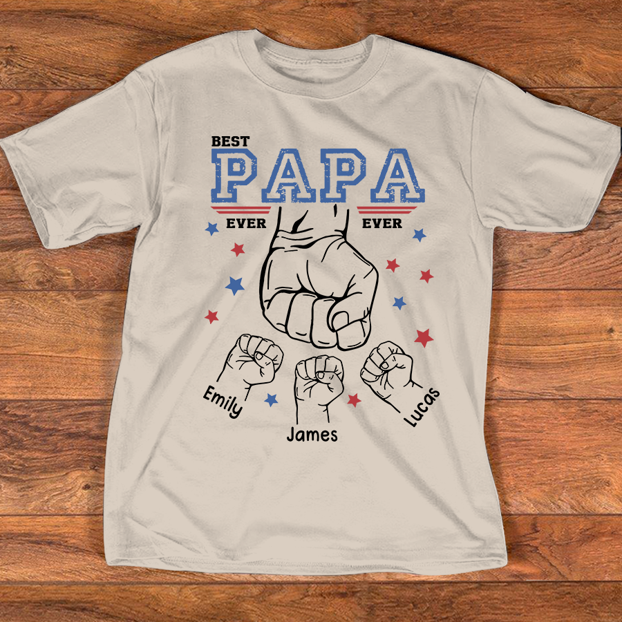 Best Papa Ever Shirt, Personalized Grandpa Fist Bump T Shirt with Kids Names, Custom Papa Papaw Poppy Grandpa Gift for Father's Day Birthday Tee
