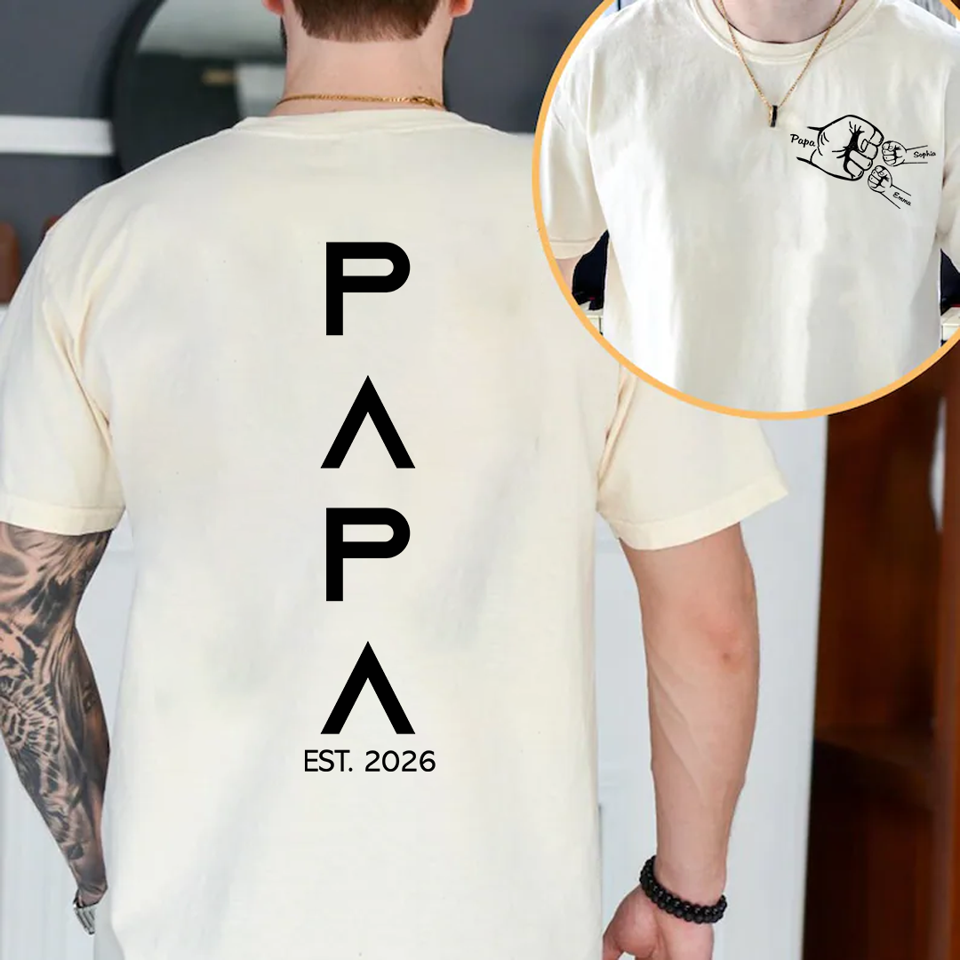 Personalized Papa Fist Bump Shirt with Kids Names, Custom Grandpa Back Print Shirt, Minimalist Papa Year Family Shirt for Fathers Day Birthday Gift