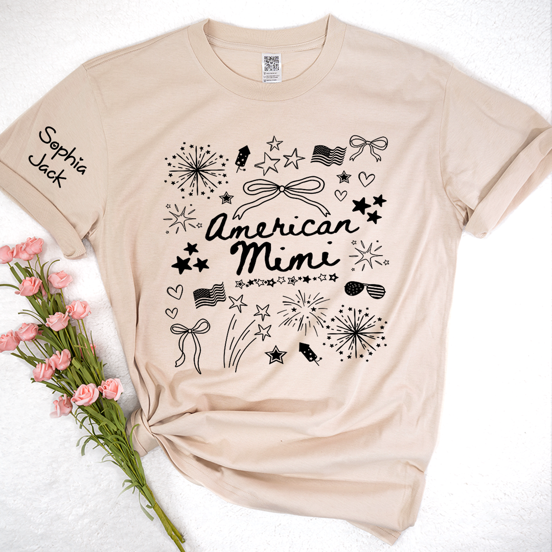 Personalized American Mimi T-Shirt Custom Family Nickname Shirt with Firework Design for 4th of July, Gifts for Mother's Day, Birthday