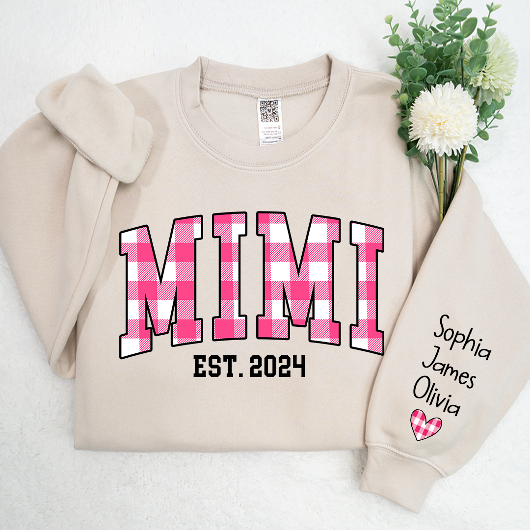 Custom Nickname Mimi Buffalo Plaid Pink And GrandKids Names Christmas 2024 Sweatshirt