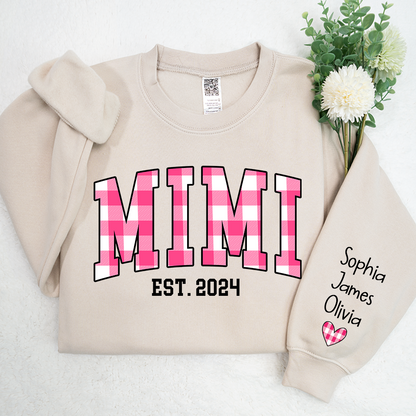 Custom Nickname Mimi Buffalo Plaid Pink And GrandKids Names Christmas 2024 Sweatshirt