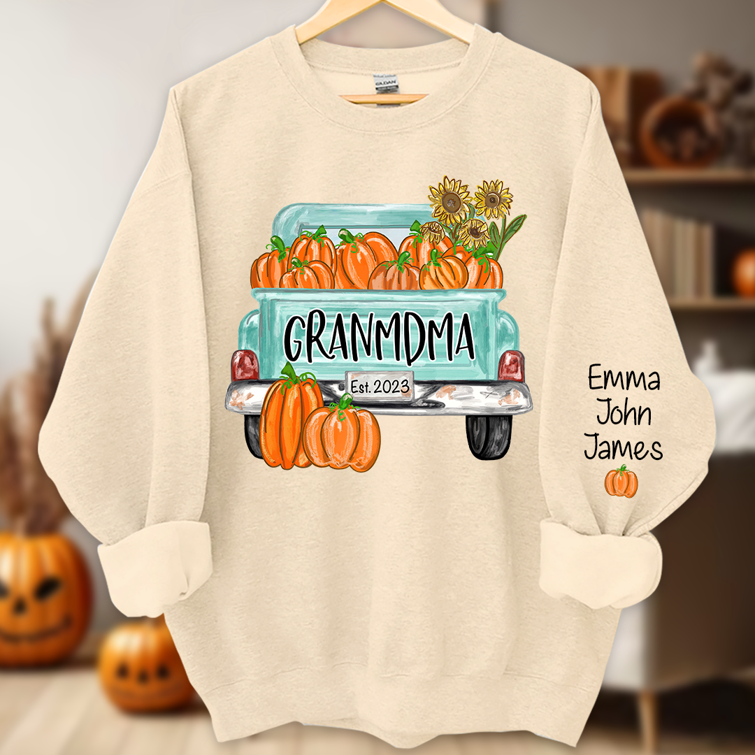 Grandma Truck with Pumpkins Flower Autumn And Grandkids Sweatshirt