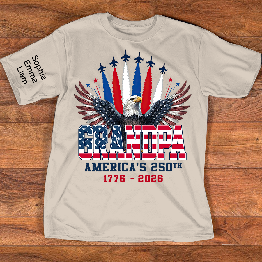 Personalized Grandpa America's 250th Anniversary Shirt Custom Kids Names on Sleeve, Patriotic Eagle Independence Day Shirt, U.S. 250th Anniversary Apparel